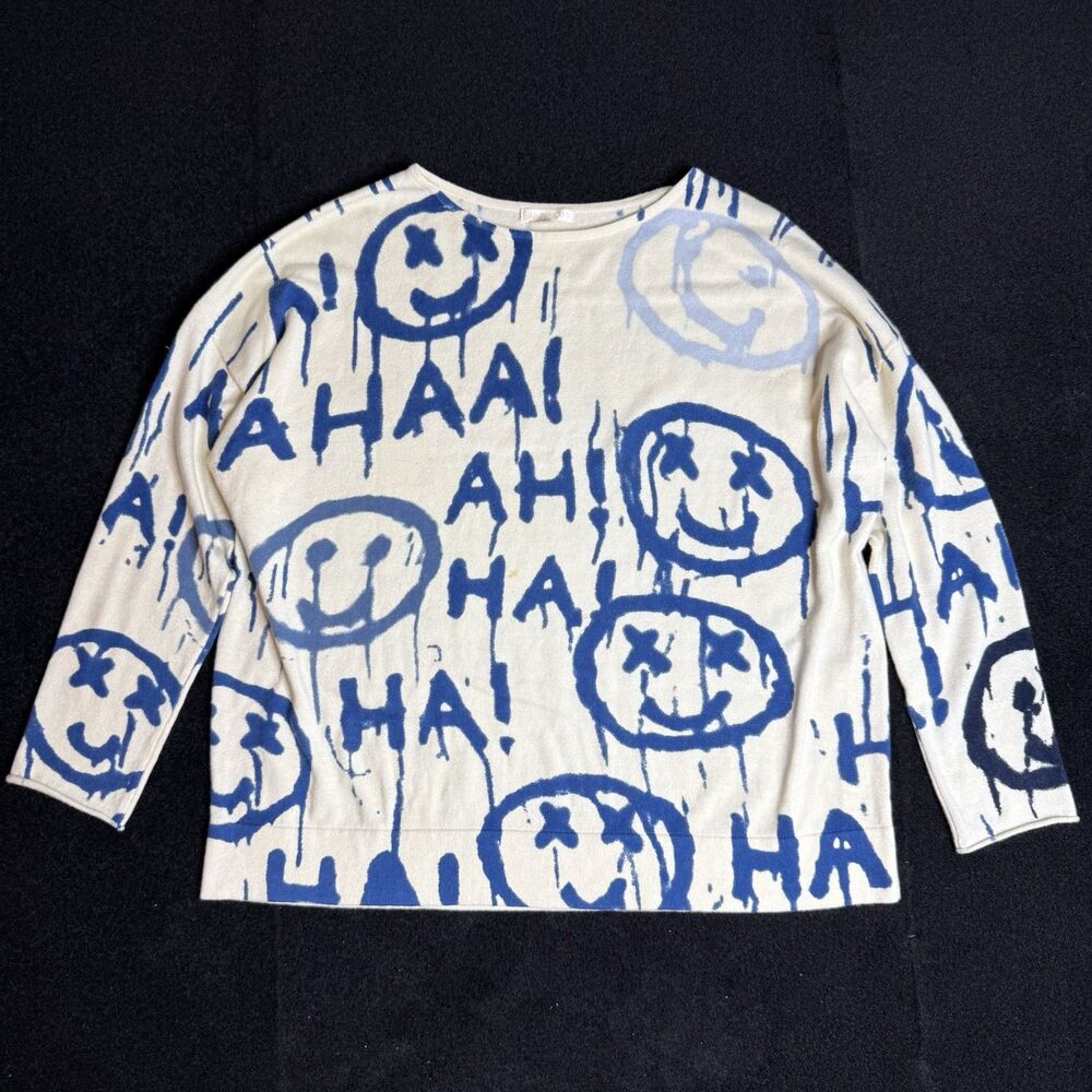 Lisa Todd Large Cotton Cashmere Sweater Blue White Graffiti Smile Face Oversized